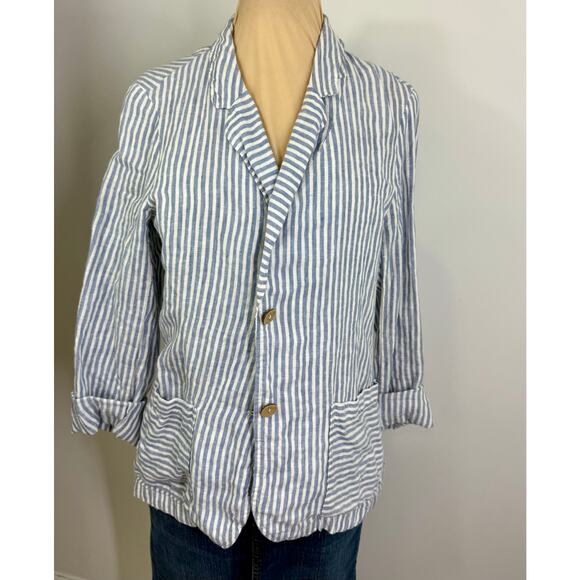 Tahari blue and white stripe deconstructed 100 linen jacket  size M - Picture 1 of 7